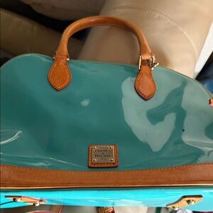 Dooney & Bourke Teal Patent Satchel with Tan Trim